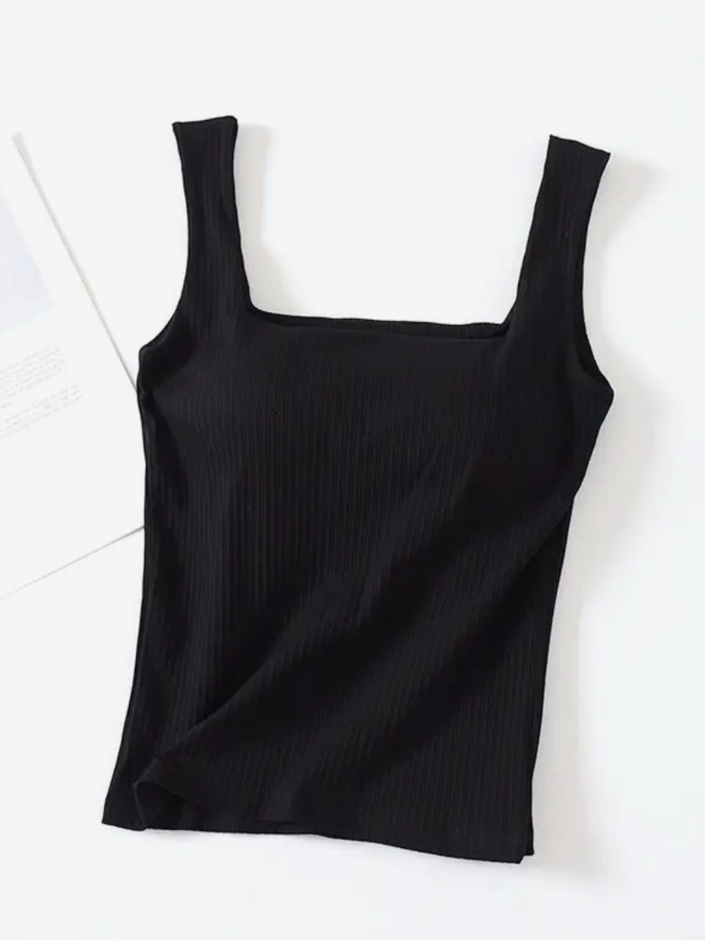Women's Black Ribbed Square-Neck Tank Top